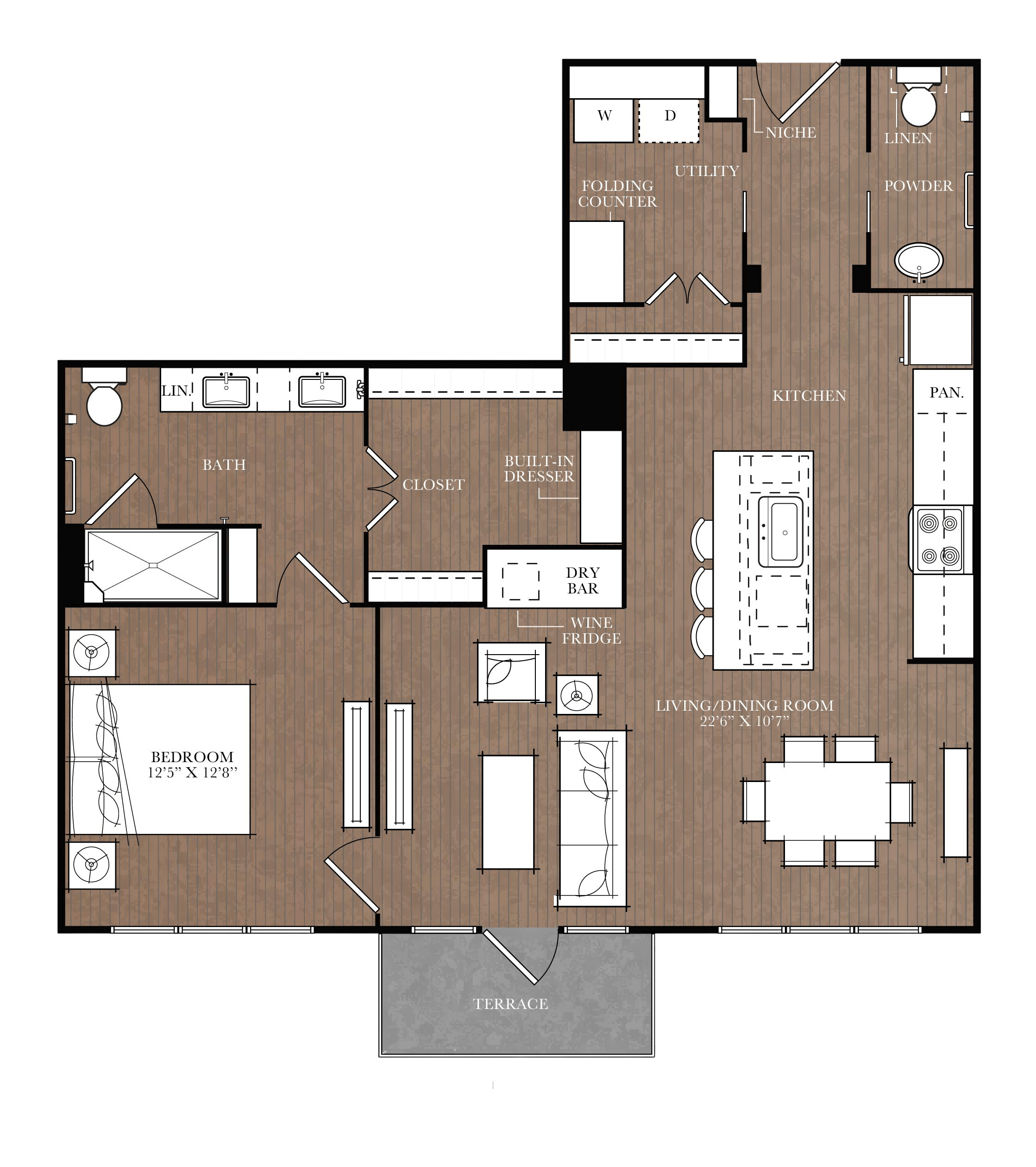 Floor plan for 1 bed, 1.5 baths, 919 sqft